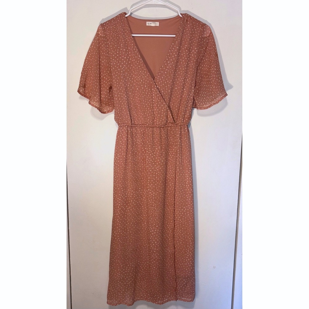 By the River Midi Dress Medium Rose Polka Dot Flutter Sleeve Faux Wrap CA1139